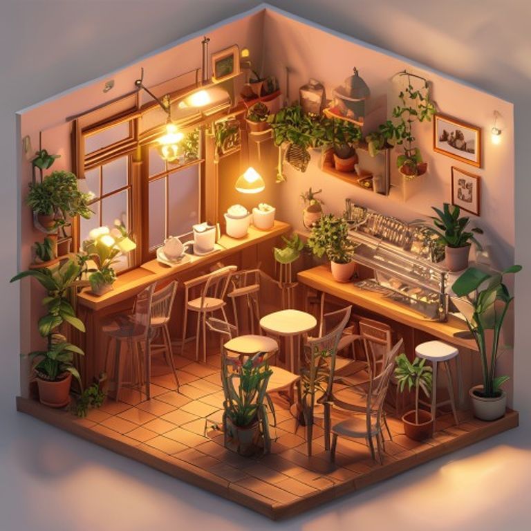 Generated with MuseImage from the prompt: cozy isometric coffee shop interior with tiny plants and warm lights, pastel palette, soft shadows, highly detailed