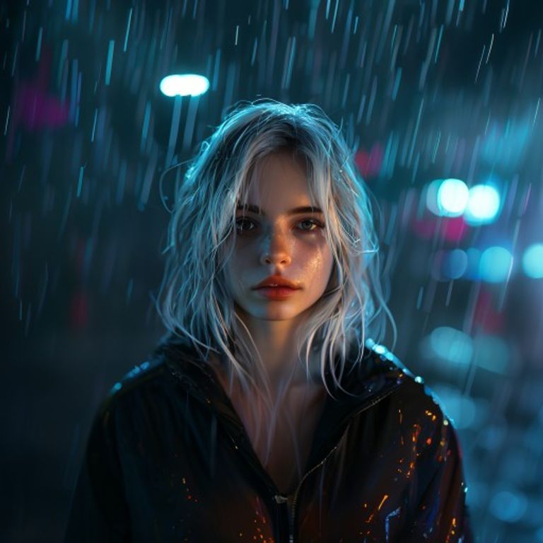 Generated with MuseImage from the prompt: portrait of a young woman with silver hair in neon-lit rain, cinematic lighting, shallow depth of field, film grain
