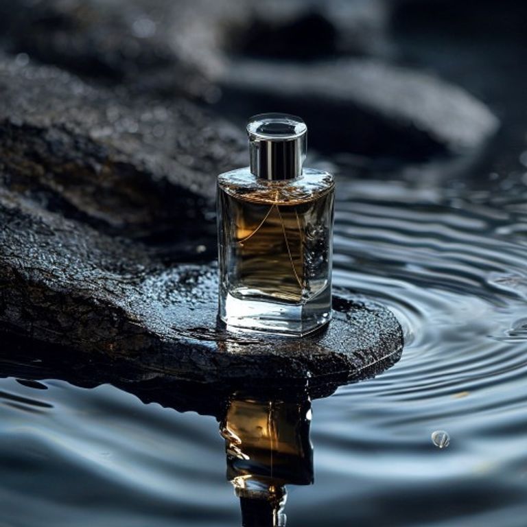 Generated with MuseImage from the prompt: minimal product photography of a glass perfume bottle on wet black stone, soft studio lighting, water ripples reflection